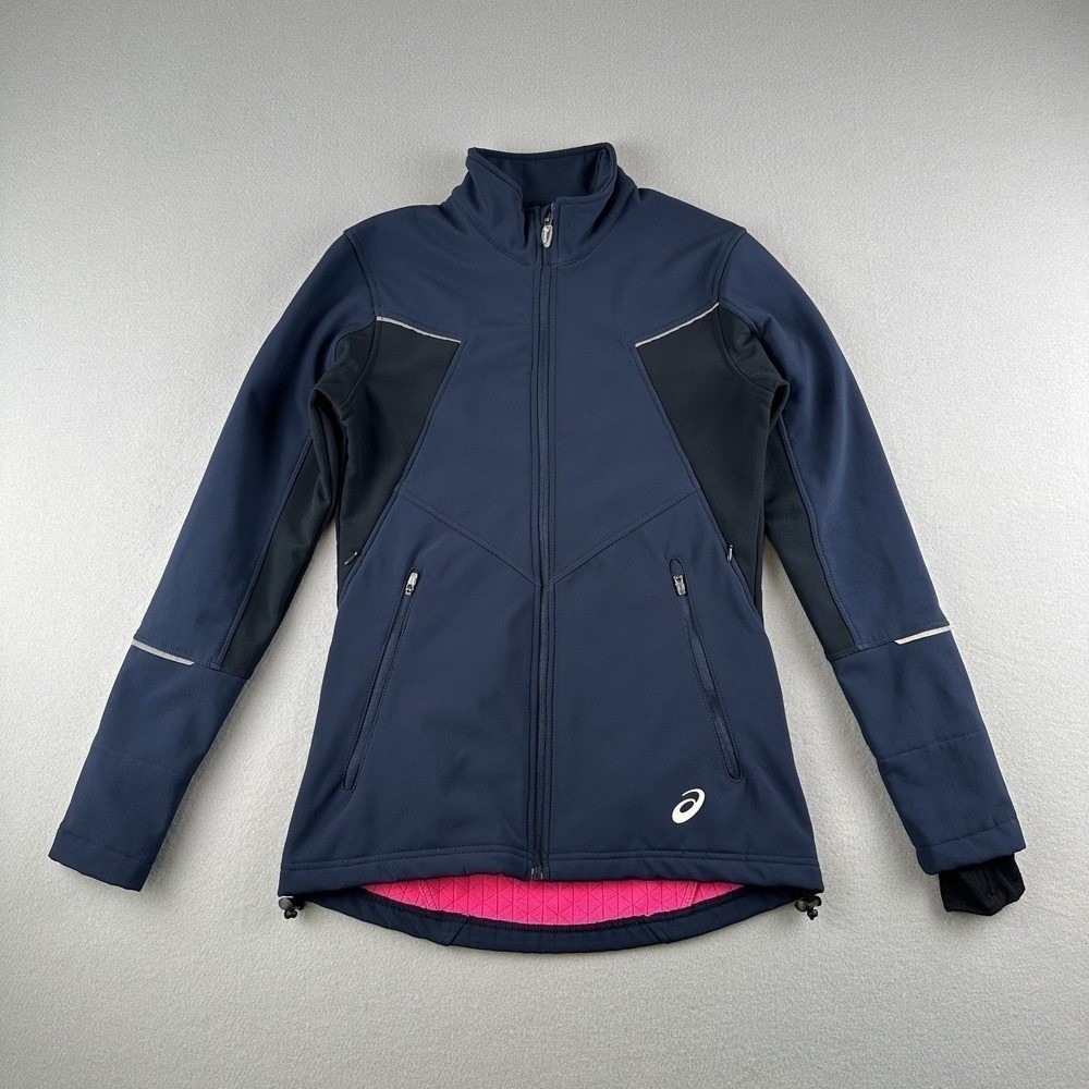 Asics Softshell Jacket Women XS Navy Blue Pink Fleece Lined Reflective Running